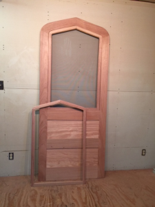 Custom wood gothic arched top storm screen door set